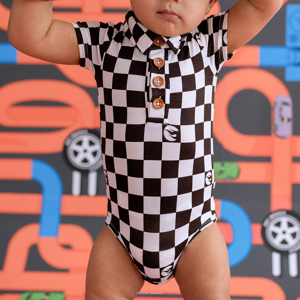Hot Wheels™ Retro Checker Short Sleeve Collared Henley Bodysuit