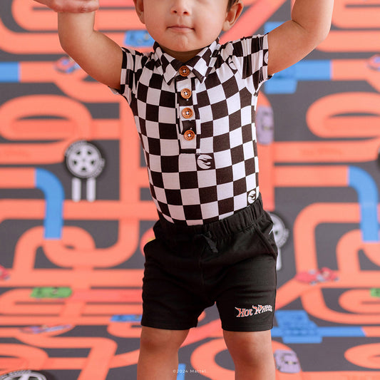 Hot Wheels™ Retro Checker Short Sleeve Collared Henley Bodysuit
