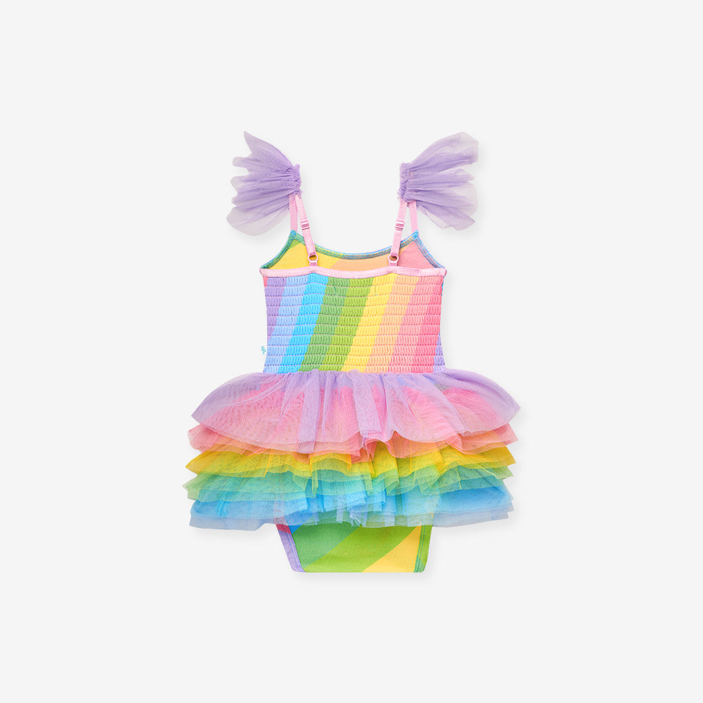 Rainbow Stripe Tulle Smocked Bodysuit Dress