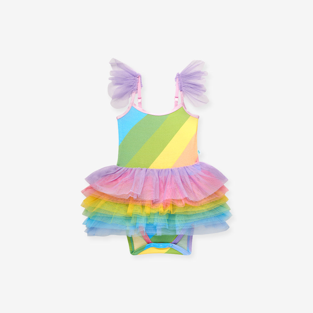 Rainbow Stripe Tulle Smocked Bodysuit Dress