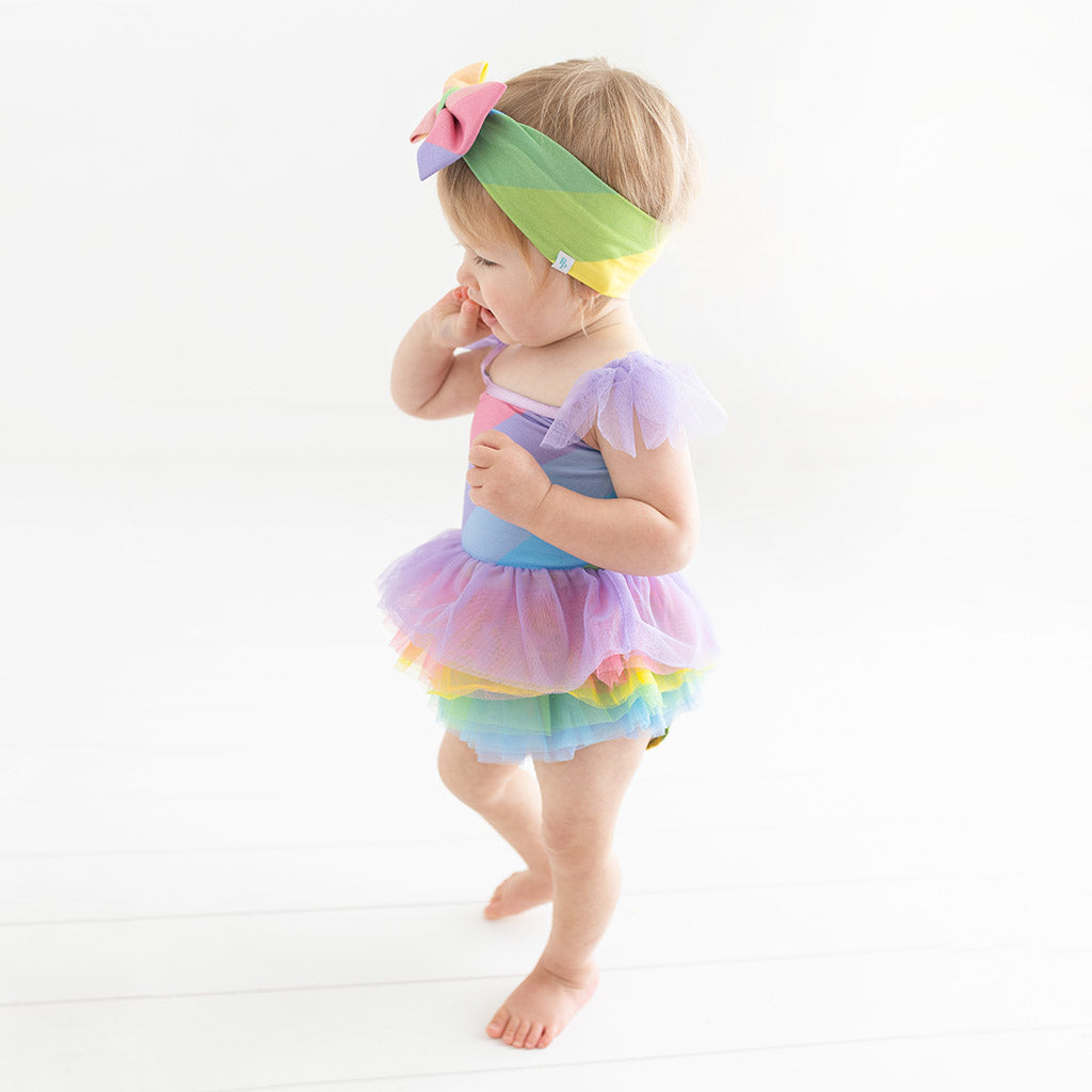 Rainbow Stripe Tulle Smocked Bodysuit Dress
