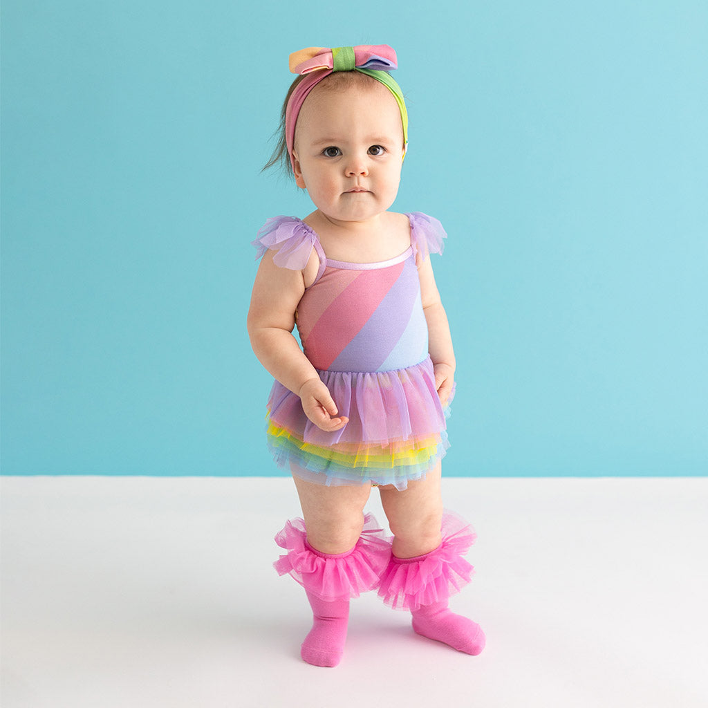 Rainbow Stripe Tulle Smocked Bodysuit Dress