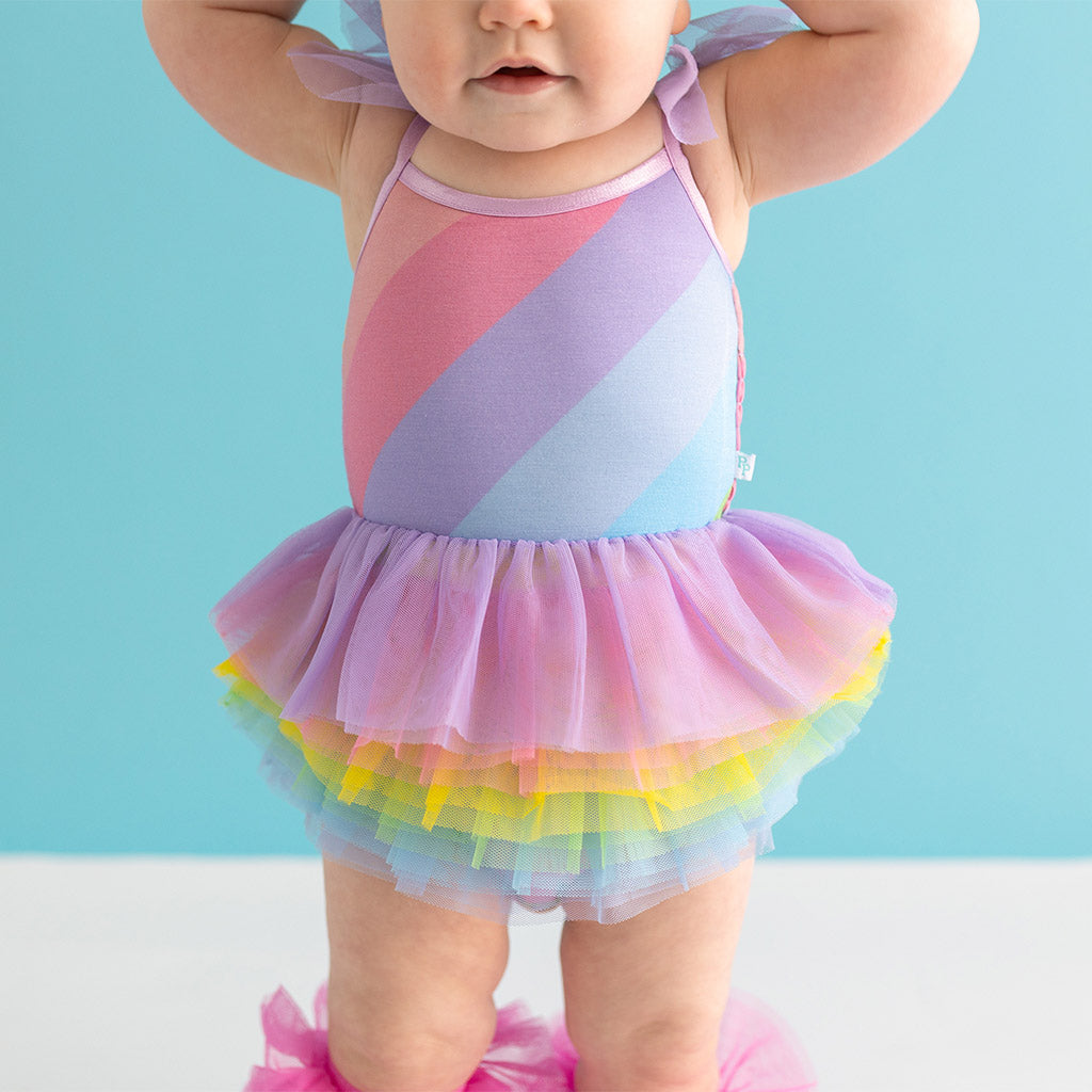 Rainbow Stripe Tulle Smocked Bodysuit Dress