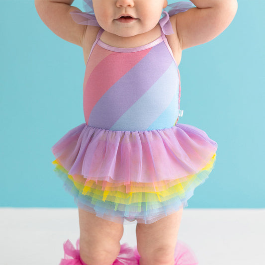 Rainbow Stripe Tulle Smocked Bodysuit Dress