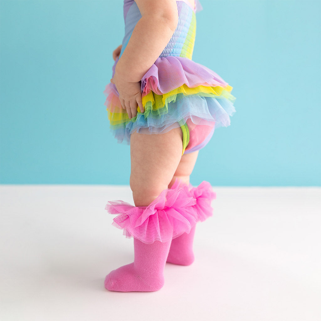 Rainbow Stripe Tulle Smocked Bodysuit Dress