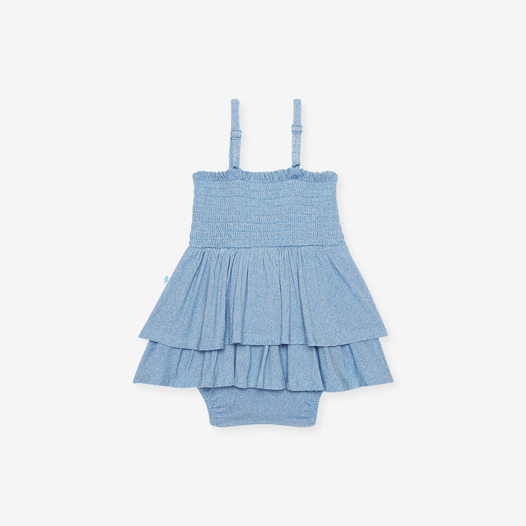 Light Blue Denim Smocked Tiered Bodysuit Dress