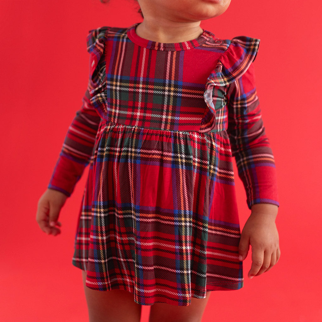 Red Tartan Plaid Ruffled Bodysuit Dress