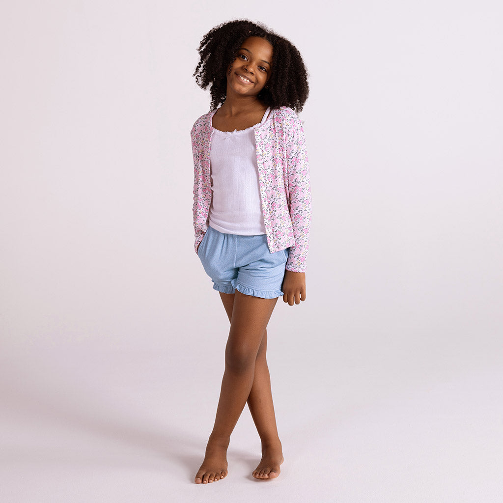Light Blue Denim French Terry Ruffled Shorts