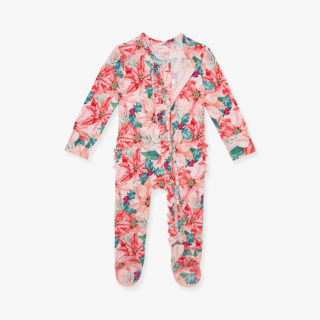 Poinsettia Footie Ruffled Zippered One Piece