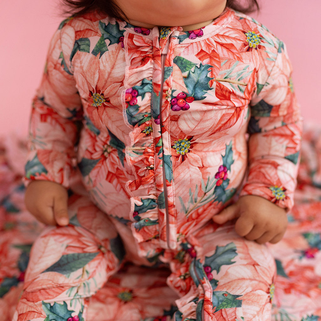 Poinsettia Footie Ruffled Zippered One Piece