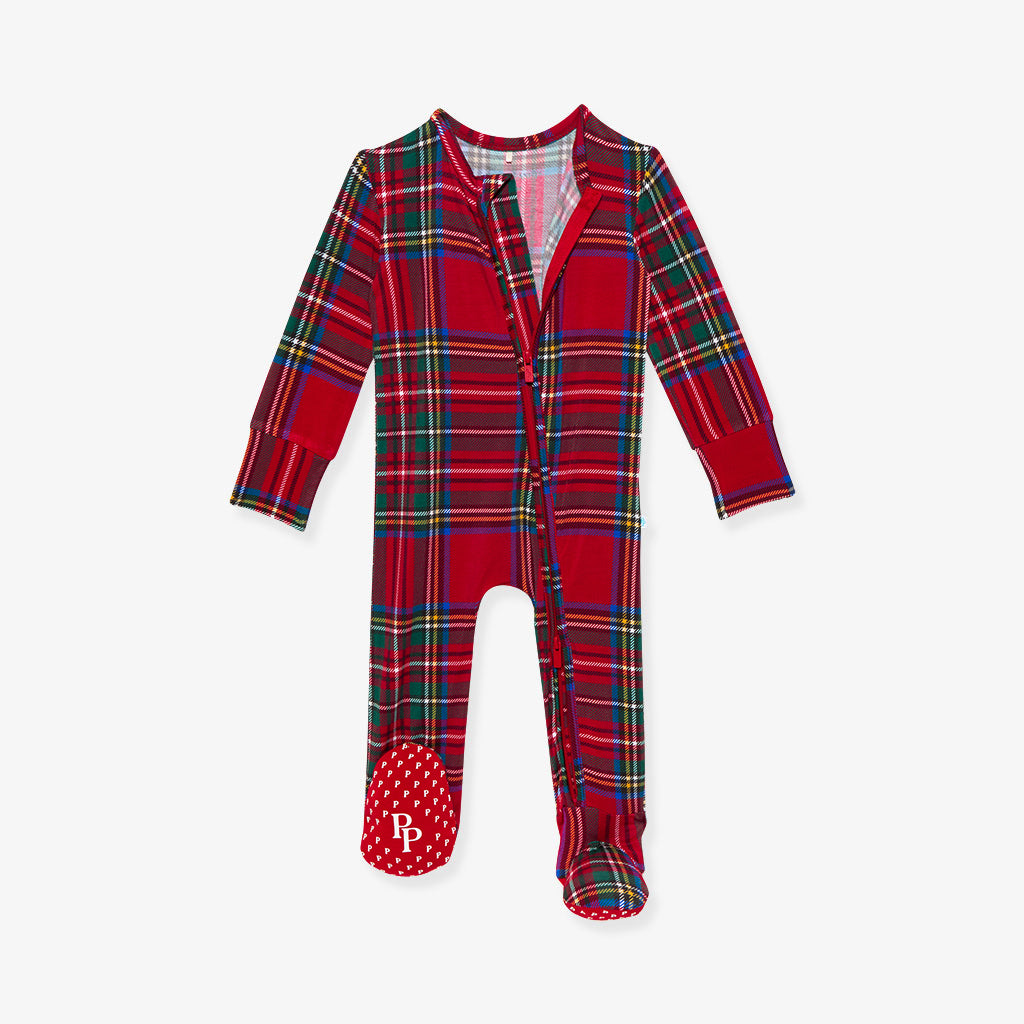 Red Tartan Plaid Footie Zippered One Piece