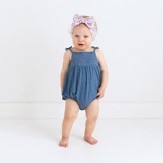 Indigo Denim Sleeveless Smocked Bubble Romper