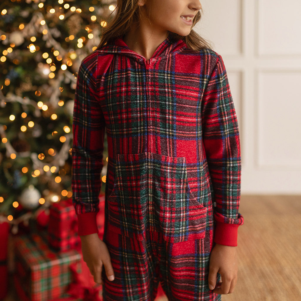Red Tartan Plaid Pacci™ Hooded Jumpsuit