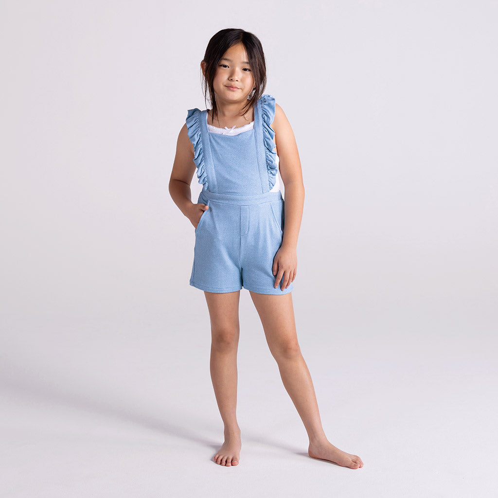 Light Blue Denim French Terry Short Overalls