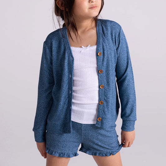 Indigo Denim French Terry Button Cardigan
