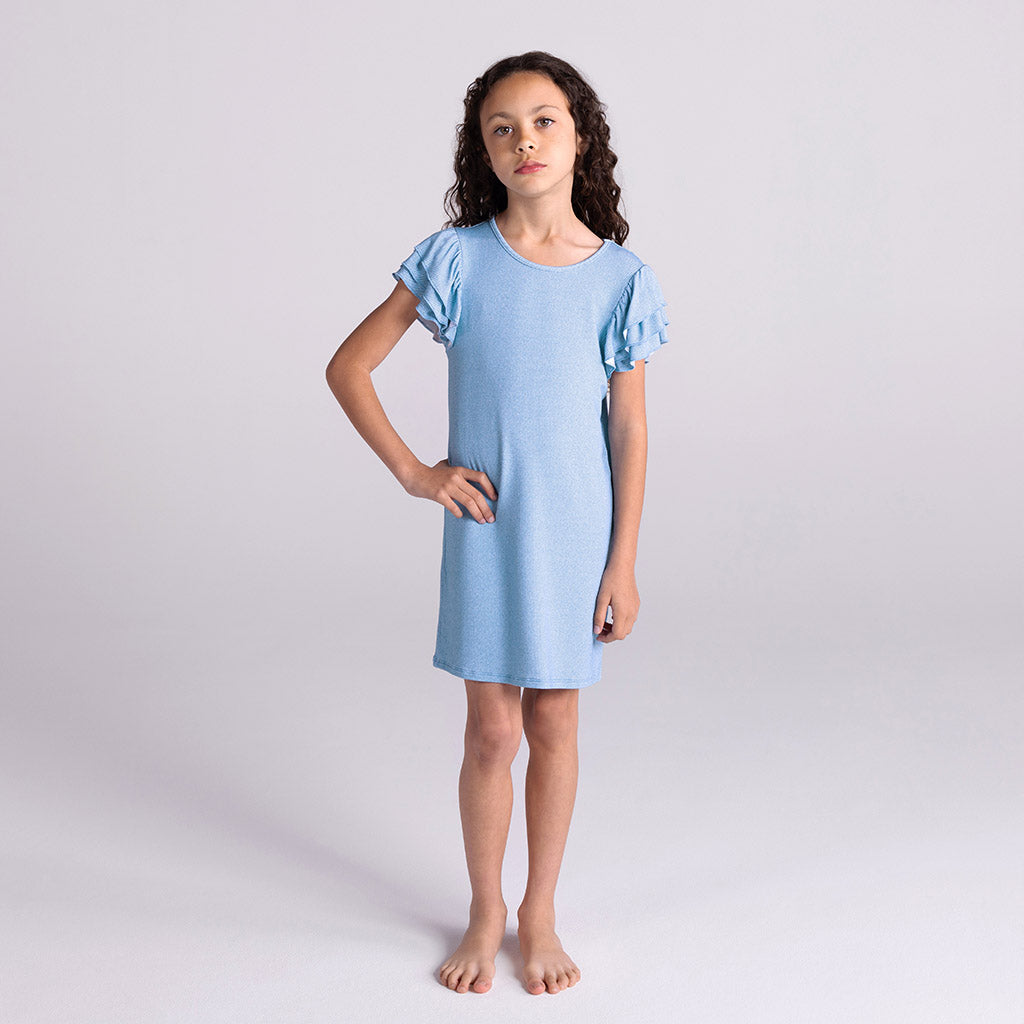 Light Blue Denim French Terry Ruffled Dress