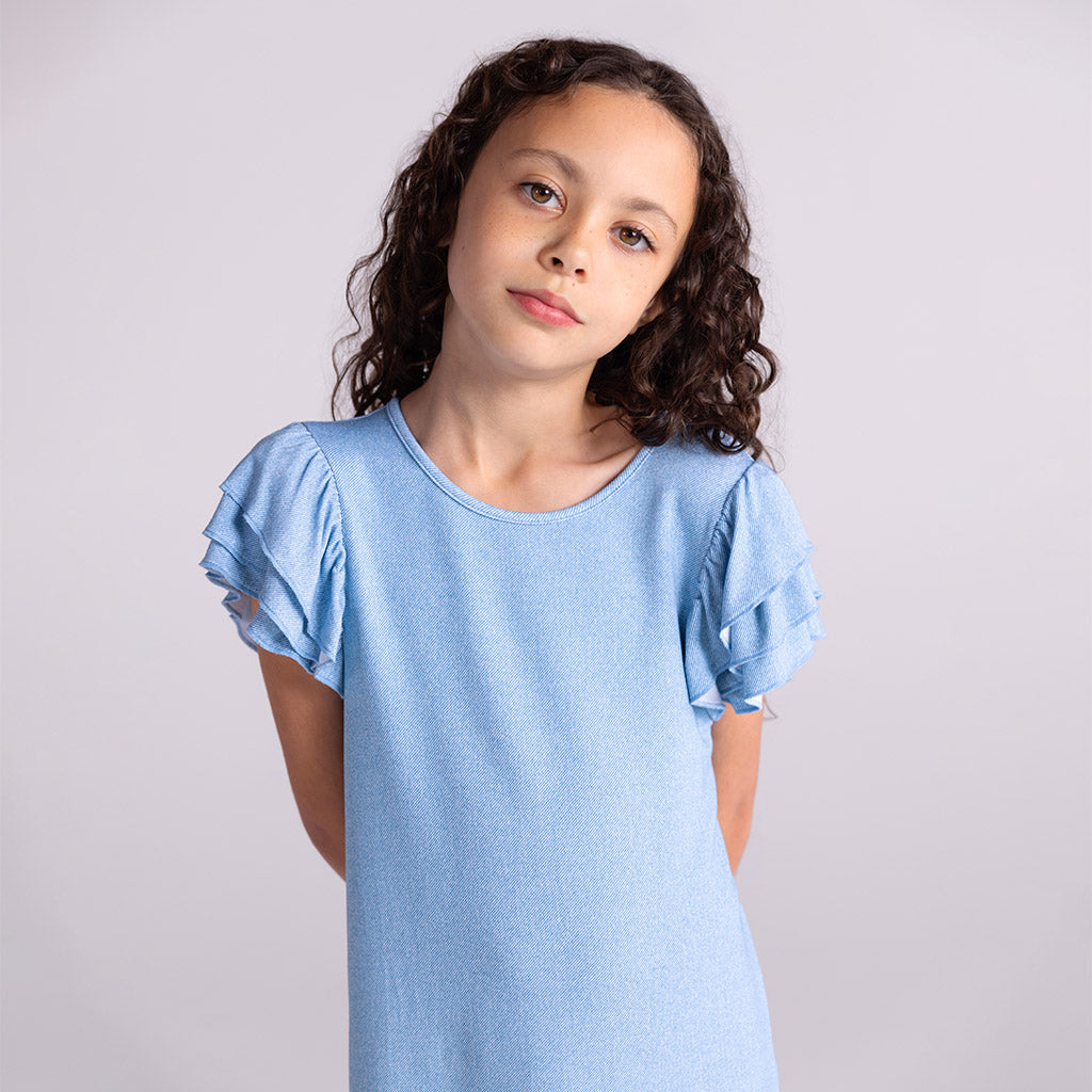 Light Blue Denim French Terry Ruffled Dress