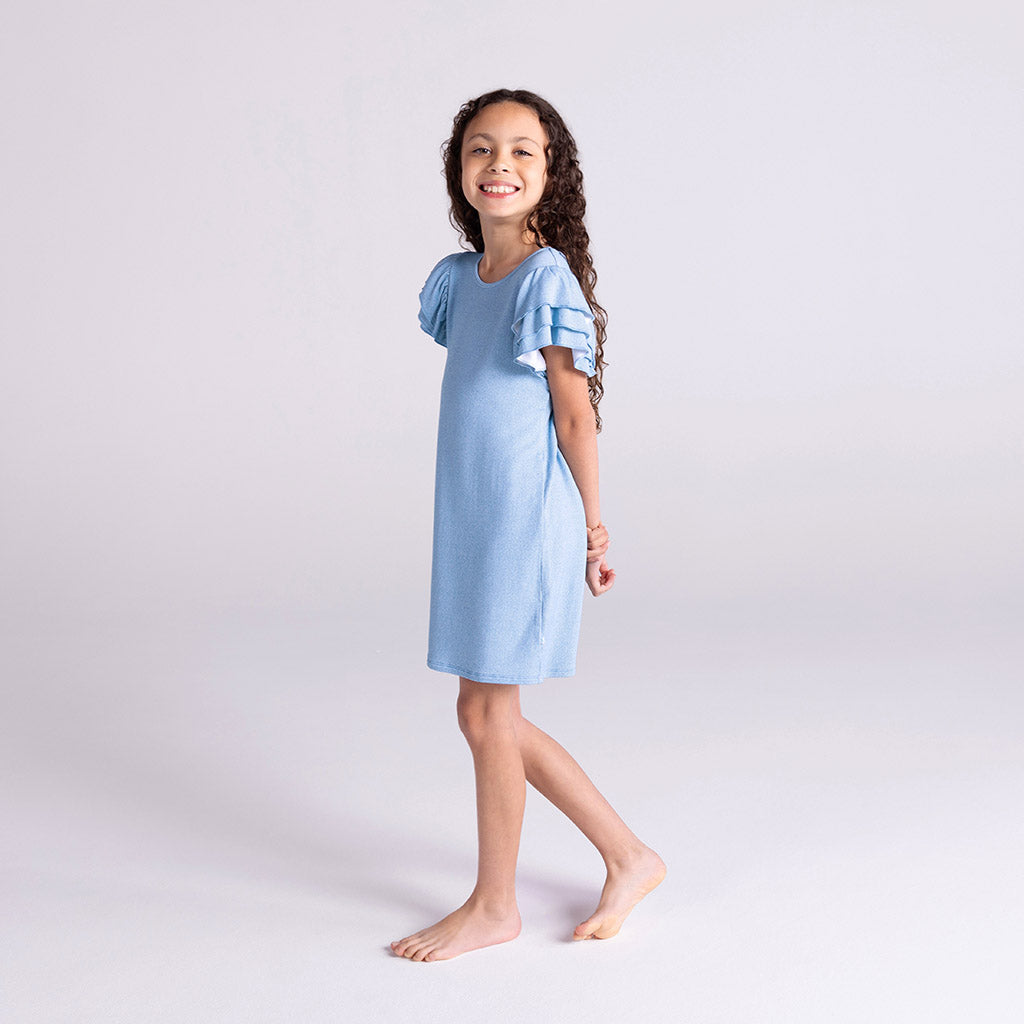 Light Blue Denim French Terry Ruffled Dress