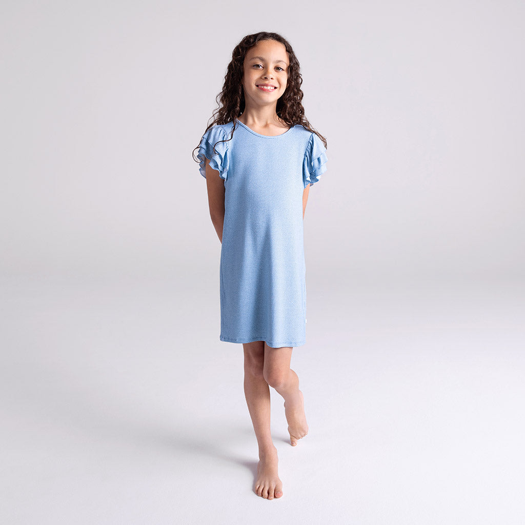 Light Blue Denim French Terry Ruffled Dress