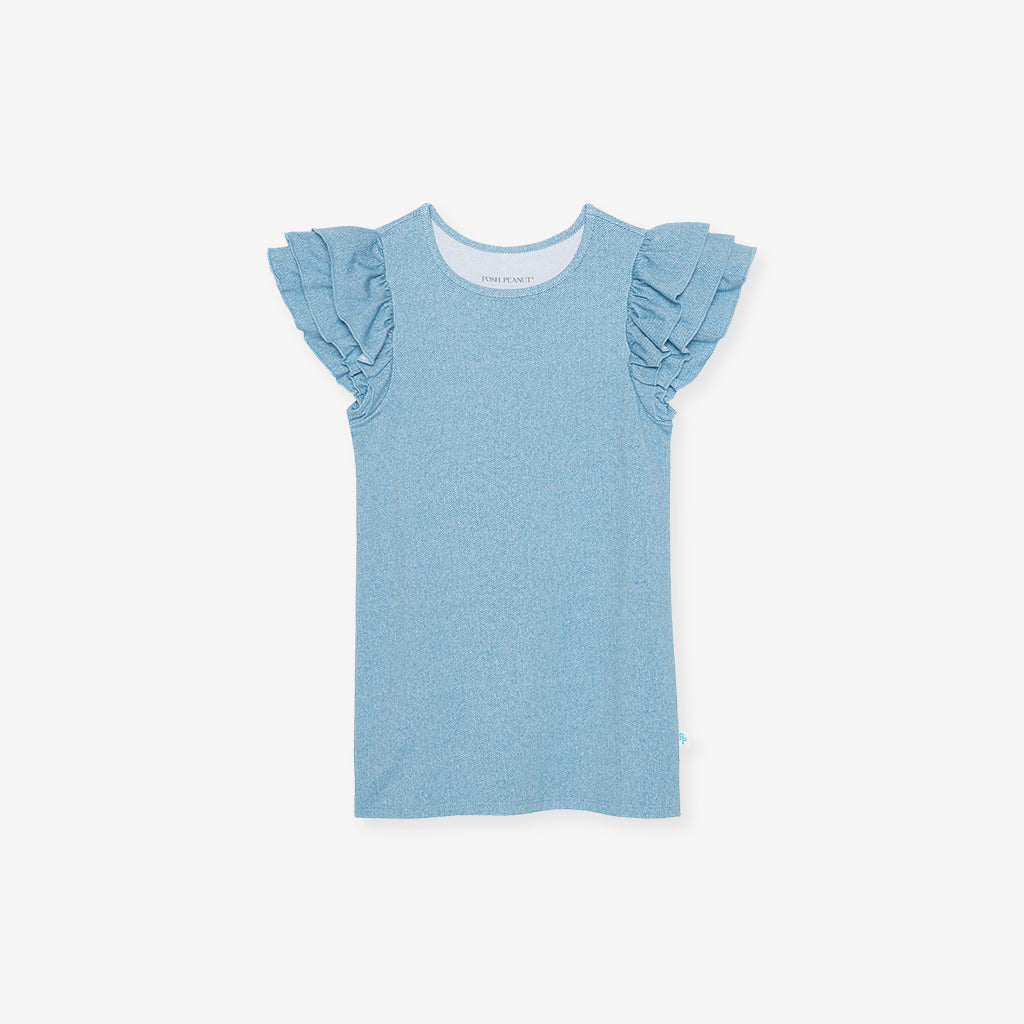 Light Blue Denim French Terry Ruffled Dress