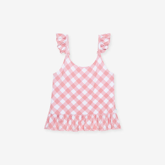 Dusty Rose Gingham Ruffled Tank