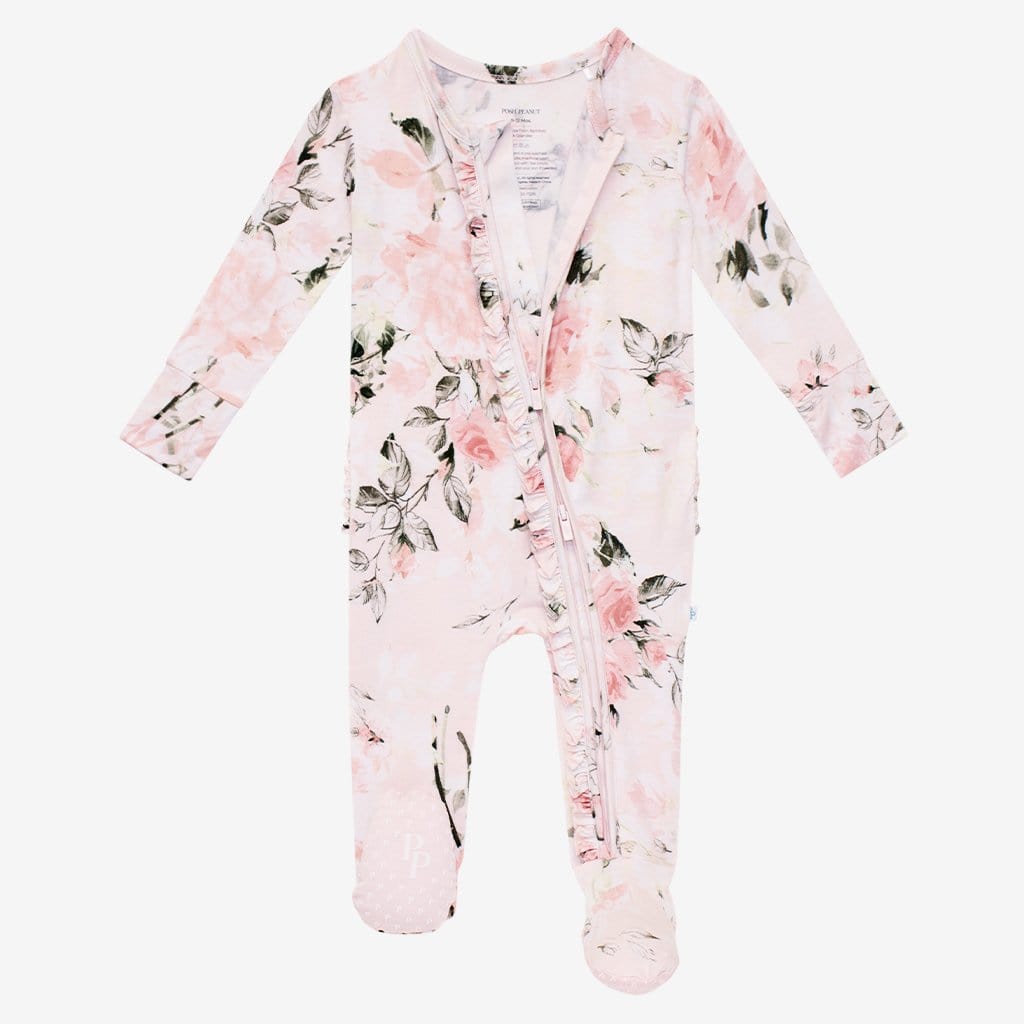 Vintage Pink Rose Footie Ruffled Zippered One Piece