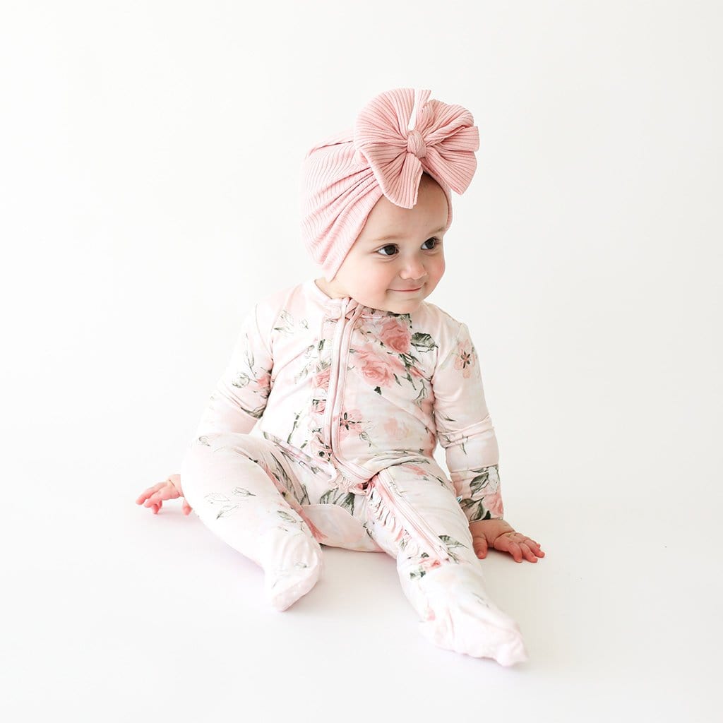 Vintage Pink Rose Footie Ruffled Zippered One Piece