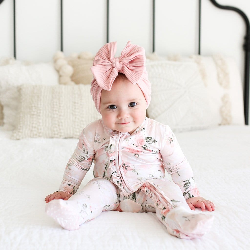 Vintage Pink Rose Footie Ruffled Zippered One Piece