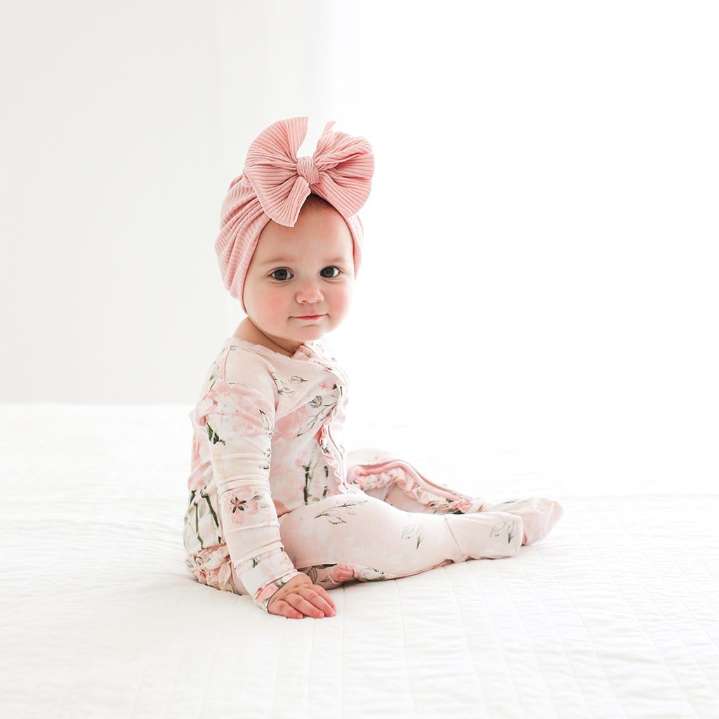 Vintage Pink Rose Footie Ruffled Zippered One Piece